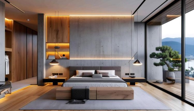 Contemporary bedroom with a low platform bed, warm wood finishes, and floor-to-ceiling glass doors opening to a balcony with a mountain view.