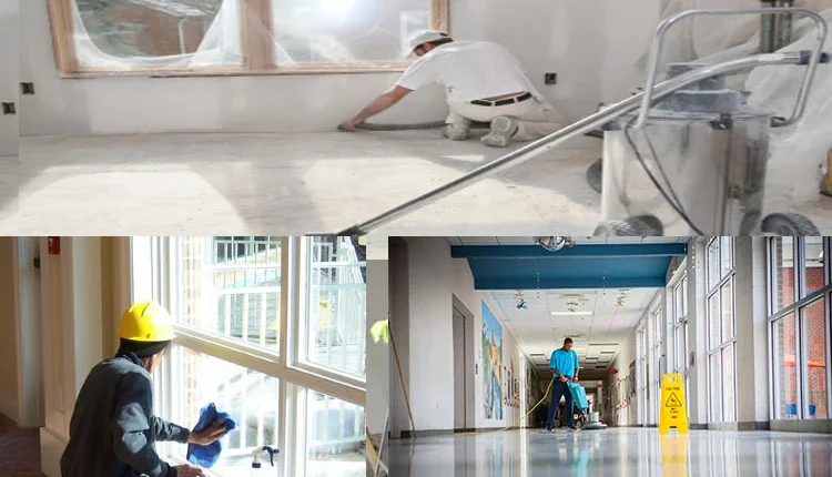 Maintenance workers performing floor prep, window cleaning, and hallway mopping in a building interior.