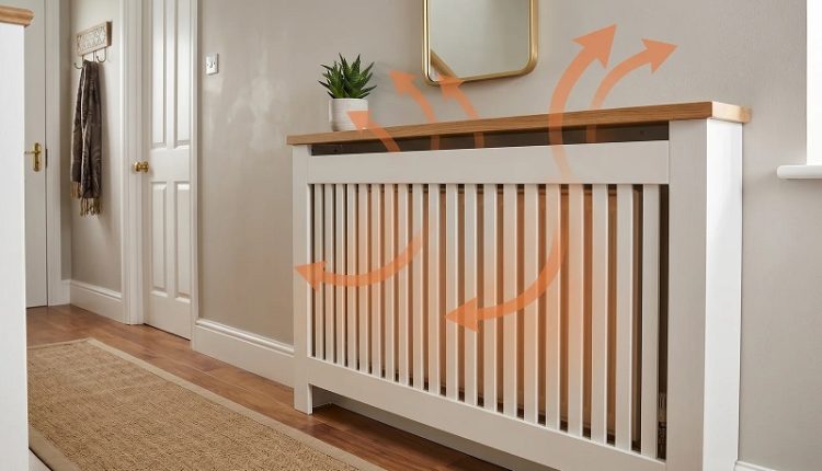 White radiator cover with a wooden top in a hallway; orange arrows show warm air circulating from the heater.