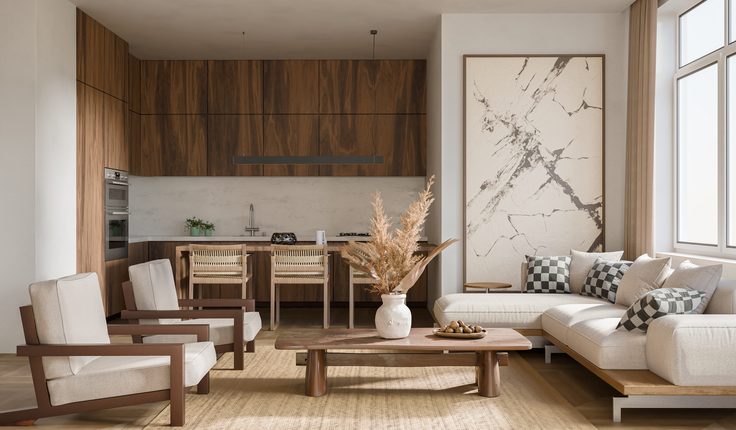 Open-plan living area with a wooden kitchen, beige sofa and two armchairs, a low wooden coffee table, and a large window letting in light.